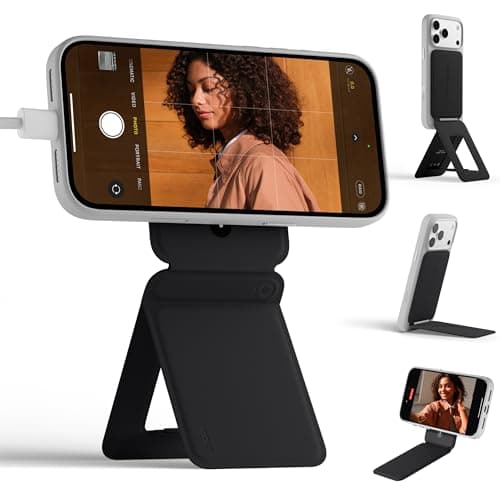 MOFT Phone Tripod Stand Selfie Stick for iPhone, Multi-Angles iPhone Stand, Lightweight & Portable Phone Holder, Strong Magnets, MOVAS Vegan Leather, Travel Essentials, Jet Black (Without Card Slot)