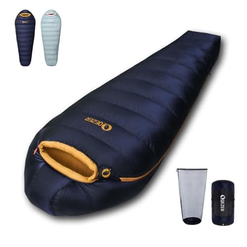 QEZER Down Sleeping Bag, XL Lightweight Sleeping Bag [1000g] for Adults and Teens Camping, Hiking,Backpacking Outdoor with 620FP Duck Down 4 Season (Darkblue, 1000g down)