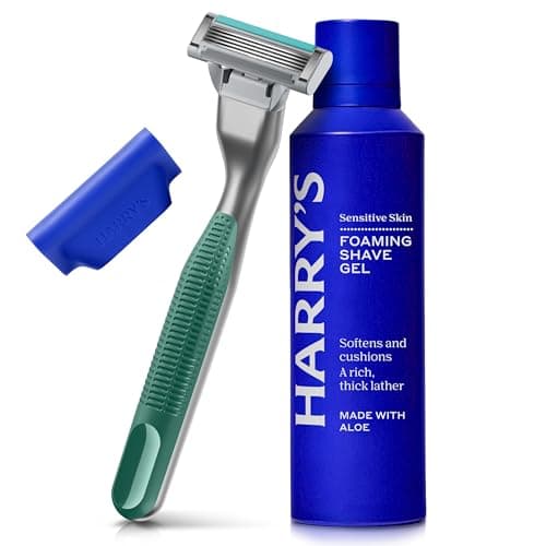 Harry's Plus Razor for Men - Trial Set - 1 Handle and Razor, 120ml Foaming Shave Gel and Travel Blade Cover - Green