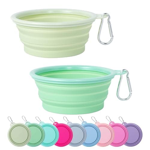 SLSON Collapsible Dog Bowl, 2 Pack Macaron Color Foldable Travel Dog Feeder Bowl Portable Silicone Pet Food Water for Dish Dogs Cats Camping Hiking (Macaron Light Green and Light Yellow)
