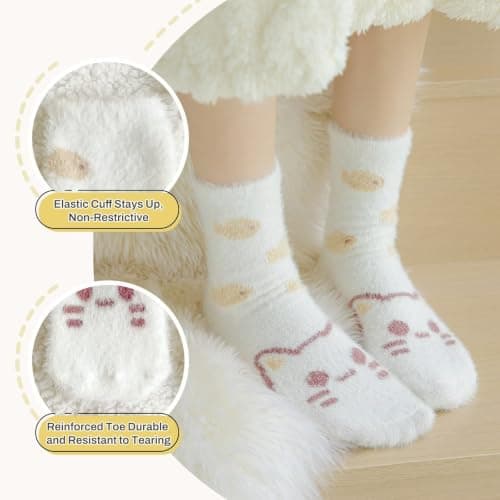 Sillictor 5 Pairs Thermal Socks for Women and Girls,Thick Warm Fluffy Socks Womens 4-7 Ladies Slipper Socks Fleece Cosy Bed Socks Soft Animal Socks for Sleep Walking 23016 23009 Pink Cat — view 5