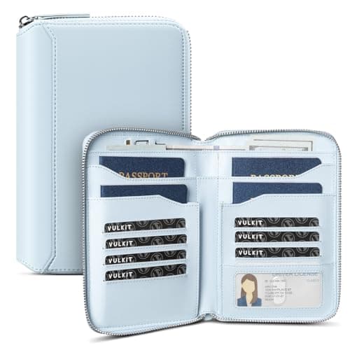 VULKIT Leather Family Passport Holder for 4-6 Passports, Premium Document Organizer Case Large Travel Wallet for Couples and Families, Holds Passports,Cards,Tickets,Cash,Pen,Sim Card (LightBlue)