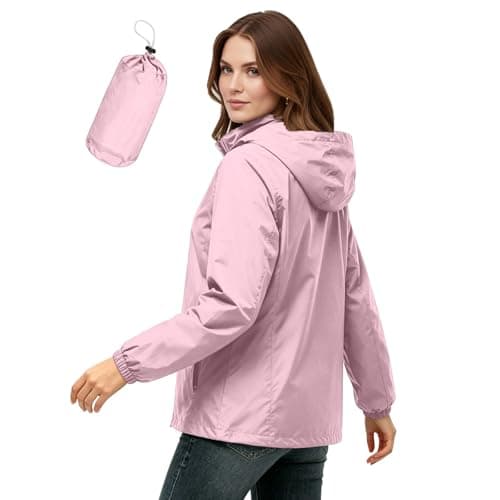 Womens Waterproof Jacket, Lightweight Packable Rain Jacket Hooded Drawstring Outdoor Jackets, Breathable Casual Loose Windbreaker Raincoat for Hiking Travel Rainy Commute Hill Walking — view 2