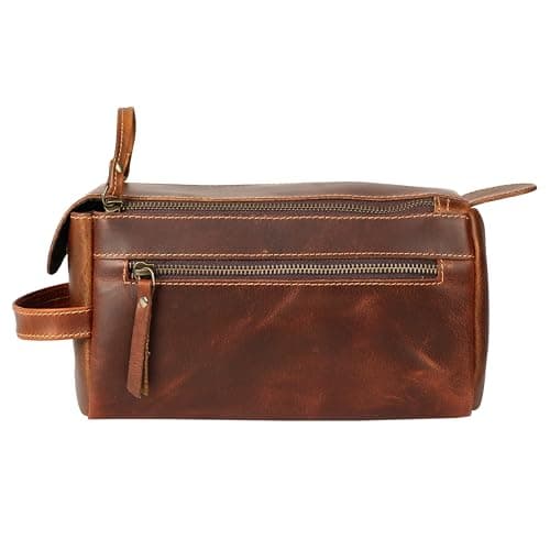 KomalC Premium Buffalo Leather Toiletry Bag for Men & Women With Water resistant Lining, Grooming Travel Pouch, Unisex Wash Bag for Toiletries, Gifts for Men and Women, Distressed Orange Tan, Unisex — view 2