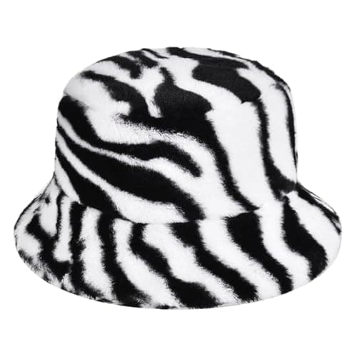 JIAHG Women Winter Warm Bucket Hat Furry Faux Fur Wide Brim Bucket Hats Soft Plush Thick Hats Outdoor Windproof Fuzzy Cap for Spring Casual Travel (UK, Alpha, One Size, Stripe) — view 6