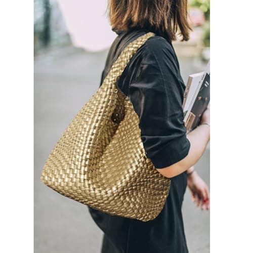 Dyalsa Women 2PCS Woven Tote Bag, Gold Leather Handbag Large Summer Beach Bag and Purse Handmade Hobo Bag Clutch Bag Set AL-010GD — view 3