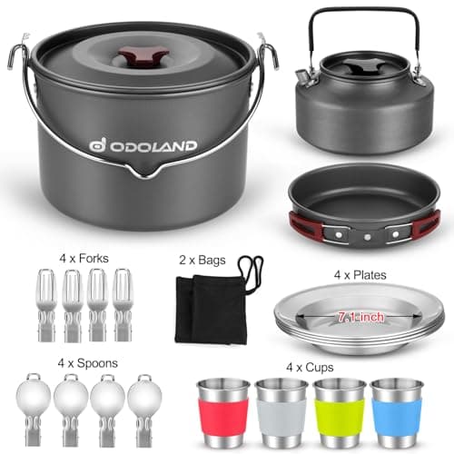 Odoland Camping Cookware Kit for 3-4 People Portable Stainless steel Cooking Set for Campfire Backpacking Pans and Pots Plates Kettle Gear for Outdoor Hiking Picnic and Trekking — view 2