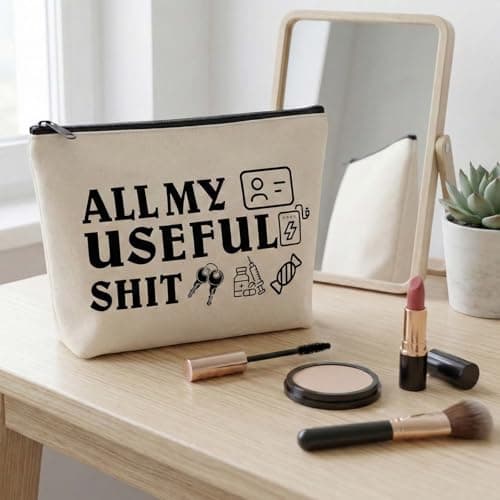 Large Cream Canvas Makeup & Toiletry Bag for Travel and Commuting - Spacious Zipper Pouch for Cosmetics, Electronics, Snacks, Chargers, and Essential Storage with Humorous Design All My Useful Shit — view 2