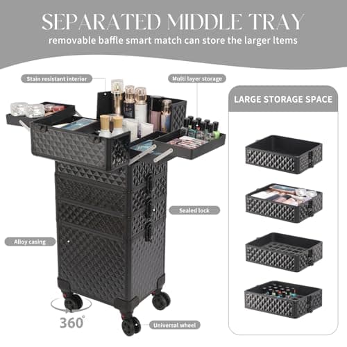 Portable Multi-Storey Nail Case for Nail Tech Organizer - Wheels Makeup Case Organizer, Cosmetic Case, Makeup Train Case, Make Up Case (Black-8036) — view 5
