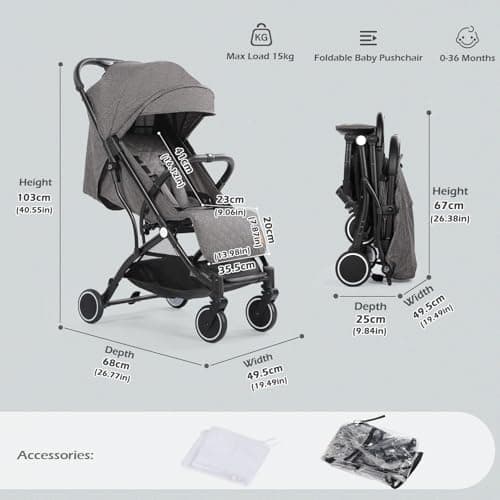 Hello-5ive Lightweight Travel Stroller Compact Baby Pushchair with Adjustable Seat, Mosquito Net, Rain Cover, One-Hand Folding Buggy with 5-Point Harness for Toddlers from Birth to 15kg (Dark Grey) — view 2