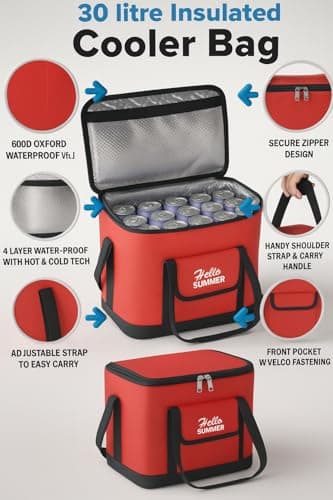 Extra Large 30L 60 Can Insulated Hot/Cold Cooler Bag Cool Box Picnic Camping Food Drink Ice Freezer Cool with Carry Handle and Shoulder Strap — view 4