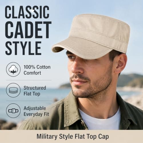 WHJYCC Men's Flat Top Cadet Cap, Light Beige, Size M, Curved Stitched Brim — view 2