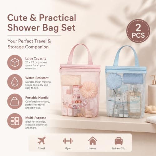 2-Piece Shower Bag and Portable Shower Caddy Set (Pink and Blue) — view 4