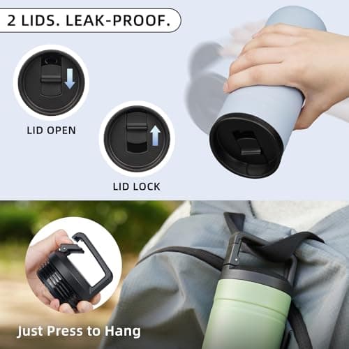 BJPKPK Insulated Water Bottle with 2 Lids,600ml Double Wall Stainless Steel Vacuum Tumbler Travel Coffee Mug,Wide Mouth Thermal Cup,Haze Blue — view 6