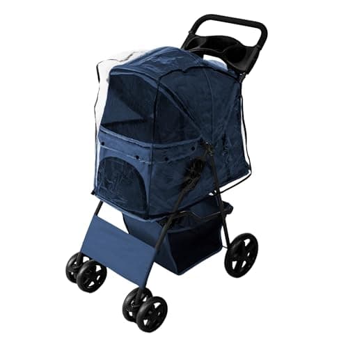 Pet Stroller Pushchair Navy Blue Carrier Foldable Trolley Travel Cart 15kg Capacity 4 Wheels Brakes Cat Dog Safety Hook Leash Cushion Canopy Mesh Windows Basket Cup Holders & Waterproof Rain Cover — view 3