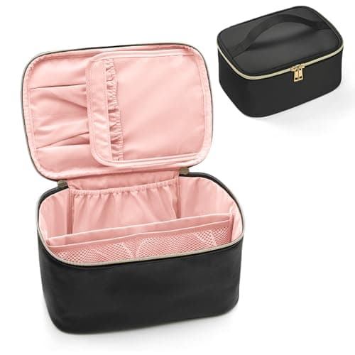 Aucuu Travel Makeup Bag, Portable Cosmetic Bag with Removable Divider, PU Leather Water-Resistant Toiletry Bag, Makeup Organiser Bag with Brush Organiser and Handle, Essentials for Women Travel