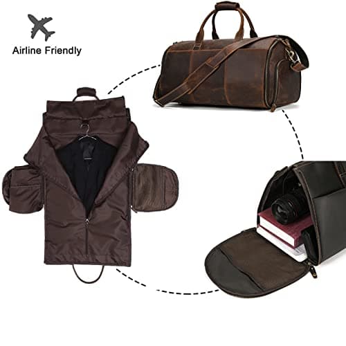 Leather Garment Bag for Men, Convertible Carry on Garment Duffel Bag for Travel Weekender Bag 2 in 1 Hanging Suitcase Suit Bag, 2201 Brown — view 4