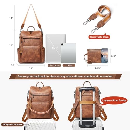 Shrrie Vegan Leather Backpack for Women Backpack Purse 15.6 inch Womens Laptop Backpack for College Travel Work-Two-toned Brown — view 4
