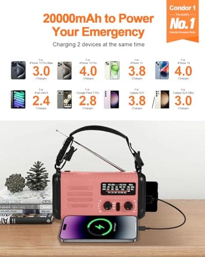 Wind Up Solar Radio, 20000mAh Emergency Hand Crank Weather Radio AM/FM — view 5