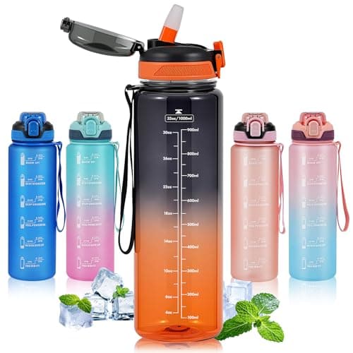 SEASEVEN Sports 1L Water Bottle with Straw for Gym,Office(Black-Orange)