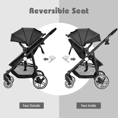 COSTWAY 2 in 1 Baby Pushchair, Foldable Travel System Pram with Reversible Seat, Adjustable Canopy, Storage Basket, Cup Holder, Lightweight Infant Stroller for 0-36 Months (Black) — view 2