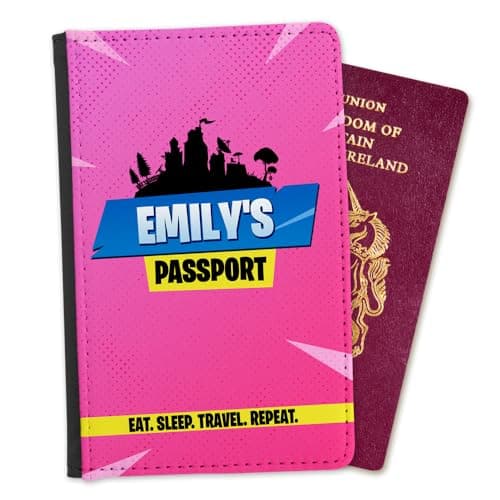 EnvyFone Personalised Passport Cover Holder - Gamer Design - Eat Sleep Travel Repeat - Boys Girls - Childrens Kids - Gift for Gamers - Holiday Travel Accessory Gift - Blue or Pink — view 5
