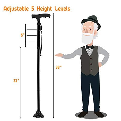 Folding Cane with Led Light, Adjustable Canes and Walking Sticks for Men and Women, Walking Cane Stick for Elderly with Cushion T Handle and Pivoting Quad Base… — view 5