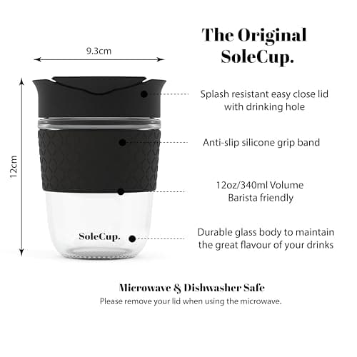 SoleCup. - Reusable Strengthened Glass Travel Cup - Spill Proof Coffee Mug - 12oz/340ml BPA-Free Hot Drink Travel Mug with Lid & Silicone Band (Black, 12oz / 340ml) — view 2