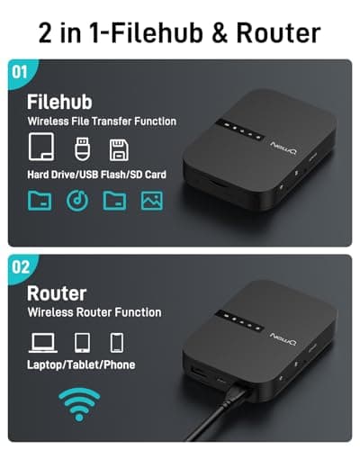 NewQ Filehub AC750 Travel Router – Portable Hard Drive & SD Card Reader, Mini WiFi Range Extender for Travel, Wireless Access to External Drives & USB Storage, Backup Photos & Files from iPhone — view 3