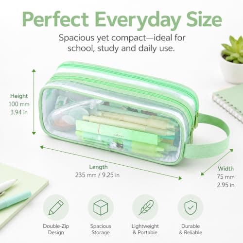 Large Clear Mesh Pencil Case, 2 Compartments, Mint Green, Carry Strap — view 2