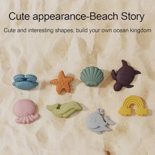 Dynaeuty 10Pcs Silicone Beach Toys for Toddlers 1-3,Travel Sand Toys Set for Kids, Collapsible Bucket & Shovel with Sand Molds, Quick-Dry Bath Toys, Summer Beach Essentials for Baby Girls Boys(Beige) — view 5