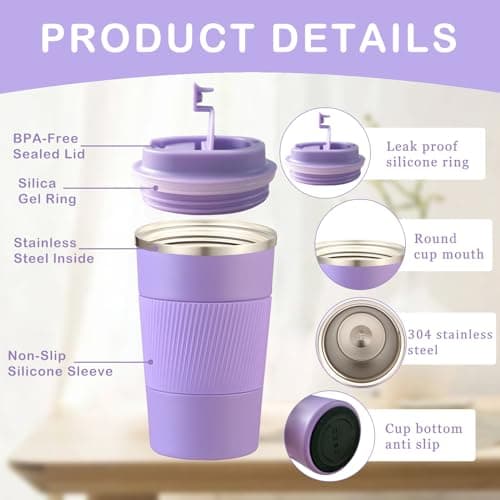 Senshuomy Travel Mug, Insulated Coffee Cup with Leakproof Lid, Reusable Coffee Cups Travel Cup, Stainless Steel thermaol Mug for Hot Cold Drinks (Purple 380ml) — view 3