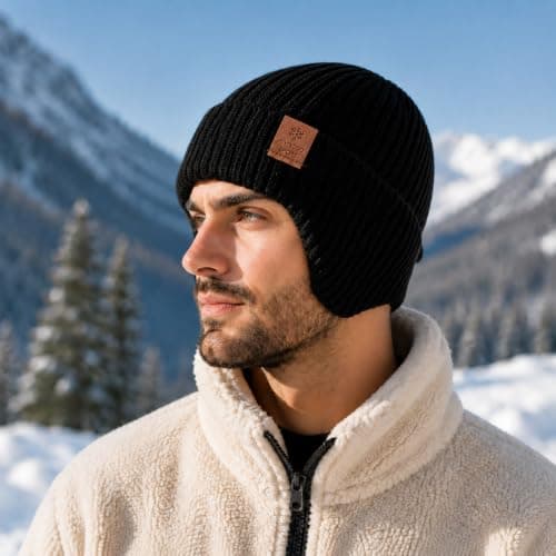 Beanie Hat Men with Ear Covering, Winter Hats for Men, Wooly Style Cap, Thermal Hat Mens Fleece Lined, Warm Ribbed Knit Headwear for Outdoor Travel & Daily Wear Black — view 6