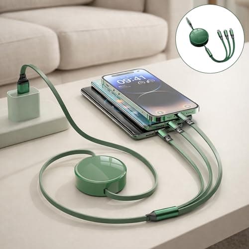1.2m 100W Retractable Multi Charger Cable 3 in 1, Travel Charger Cable with Fast Charging USB C Port, 6A Charging Cables for Multiple Devices with iPhone Android MacBook, Green Tangle-Free Cord — view 6