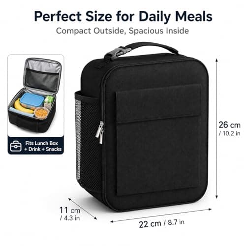 Lunch Bag for Men Women, Reusable Large Capacity Insulated Lunch Bag with Handle, Front Pocket and Side Mesh Holder, Portable Cool Bag for Work School Travel Picnic, Black — view 2