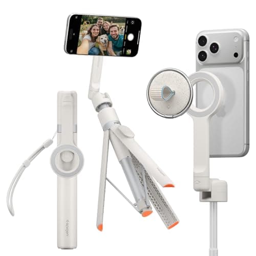 Spigen S582W MagFit Plus MagSafe 66" Extendable Tripod Selfie Stick for iPhone, 360° Rotating Head Bluetooth 5.0, One Push Opening Magnetic Phone Stand Universal metal ring included - Dune Beige