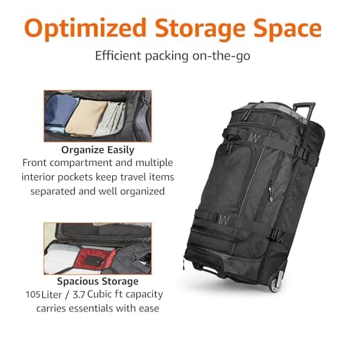 Amazon Basics Rolling Travel Duffel Bag, 105L, Lightweight and Durable Trolley in Ripstop Fabric, Large Capacity with Telescopic Handle, Ideal for Travel, Work, and Leisure, Black — view 3