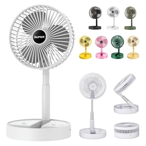 Telescopic Folding Fan - 2024 New Portable USB Rechargeable Collapsible Desk Fan for Travel, Silent Stand up Fan Wireless Folding Oscillating Compact Floor Standing Fans for Dorm ＆ Bedroom (WHITE)