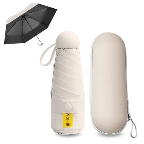 FANSEZQ Sun Umbrella, Mini Travel Umbrella With Case Small Compact Protection Sun Lightweight Tiny Pocket Umbrella (Beige)