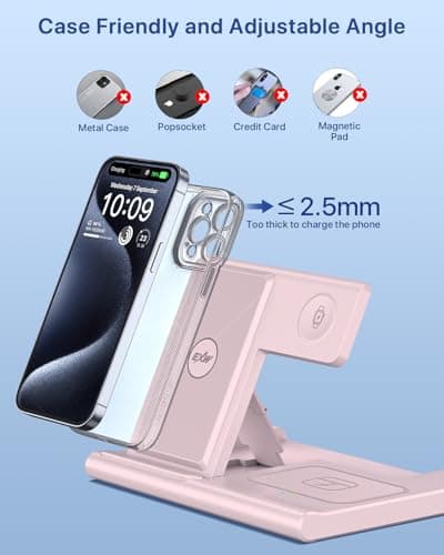 EXW Charging Station,3 in 1 Wireless Charger for iPhone 17/16/15/14/13Pro/12/11/XR/8, Fast Charger for Airpods Pro/3/2 and iWatch (Not Adapter,Pink) — view 5