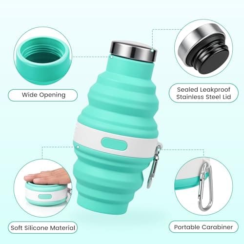 Huiguli 2-Pack Collapsible Water Bottle 475ml, Silicone Foldable Portable Bottle with Stainless Steel Lid, Reusable Leak-Proof for Travel Hiking Camping, Pink+Blue — view 3