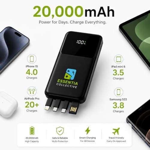 20000mAh Portable Power Bank, 22.5W Fast Charging, 4 Built-In Cables — view 3