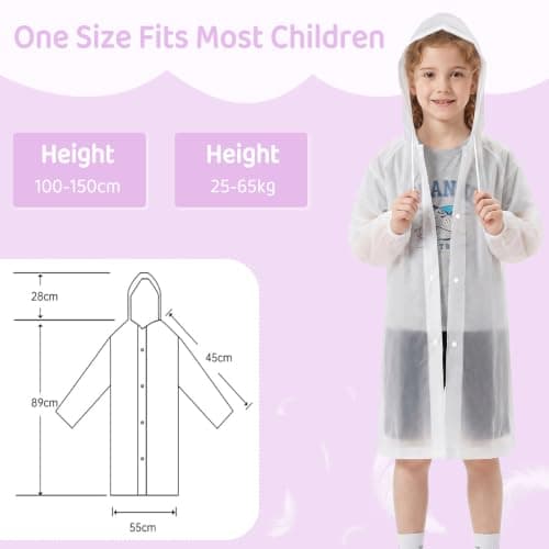 GOZINA Kids Rain Poncho Waterproof, Thickened EVA Raincoat with Hooded Drawstring & Snap Buttons, Portable Rain Coats for Boys Girls School Travel Outdoor (White + Purple) — view 6
