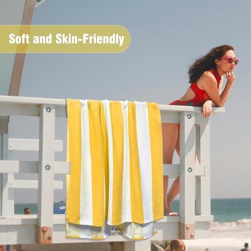 HENBAY Large Oversized Beach Towel - Fluffy 35 x 70 Inch Plush Microfiber Pool Towel, Yellow Striped Quick Dry Cabana Swim Towel — view 4