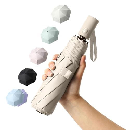 BAODINI Small UV Protection Travel Umbrella Compact for Rain and Sun UPF 50+ Windproof Portable 42 inch Umbrella for Women and Men Beige