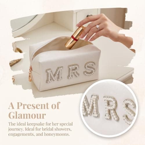 Kemay Bride Cosmetic Bag, Waterproof PU Leather Makeup Bag with Pearl Rhinestone MRS Letters, Bridal Shower Gift, Wedding Emergency Kit Travel Organizer — view 5