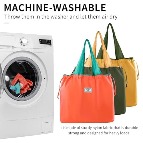 Nexlynk 3Pcs Foldable Reusable Shopping Bags 42x53 cm, Large Waterproof Tote Drawstring Shopper Washable Nylon Grocery Bags for Travel Beach Daily Use Women Mom (Orange Green Yellow) — view 4