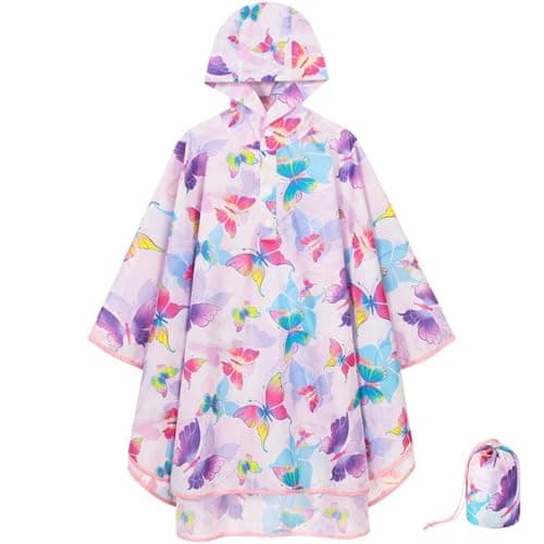 WAWSAM Kids Poncho Waterproof - Butterfly Rain Poncho for Girls - Lightweight Hooded Raincoat with Storage Bag - Portable Rainwear for School & Travel