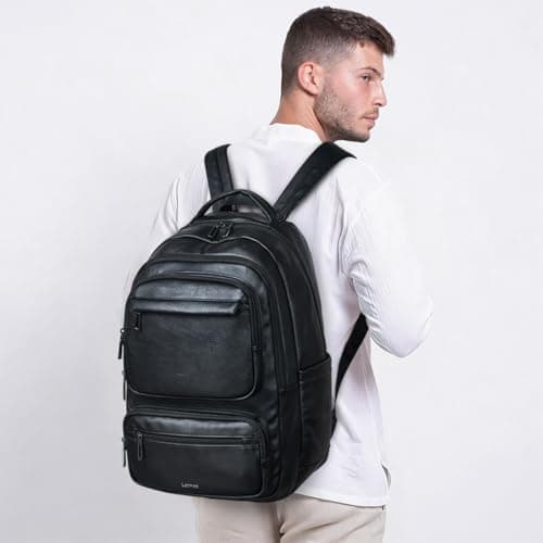 LATMAP 43L Rucksack Bag for Women 13.5" x 10" x 19",Vegan Leather Backpack Ladies Travel Carry-on Bag College Bookbag Work fits 17" Laptop,Black — view 3