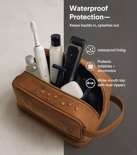 Leather Toiletry Bag for Men - Full Grain Leather Wash Bag - Travel Shaving Dopp Kit Toiletries Organizer - Cosmetic Makeup Bag for Women — view 5